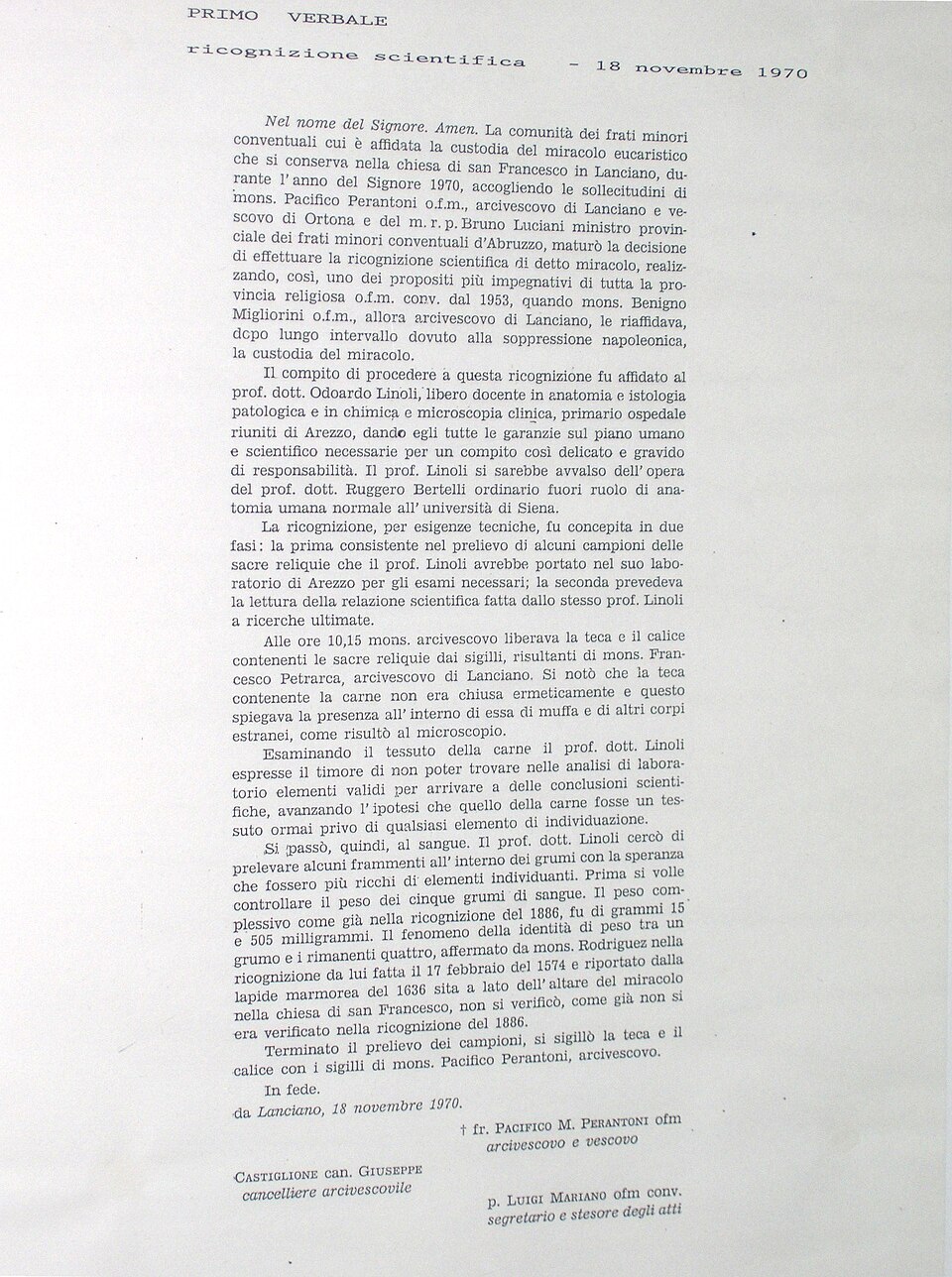 Documento público de la recognición científica de las reliquias de Lanciano, 18 de noviembre de 1970