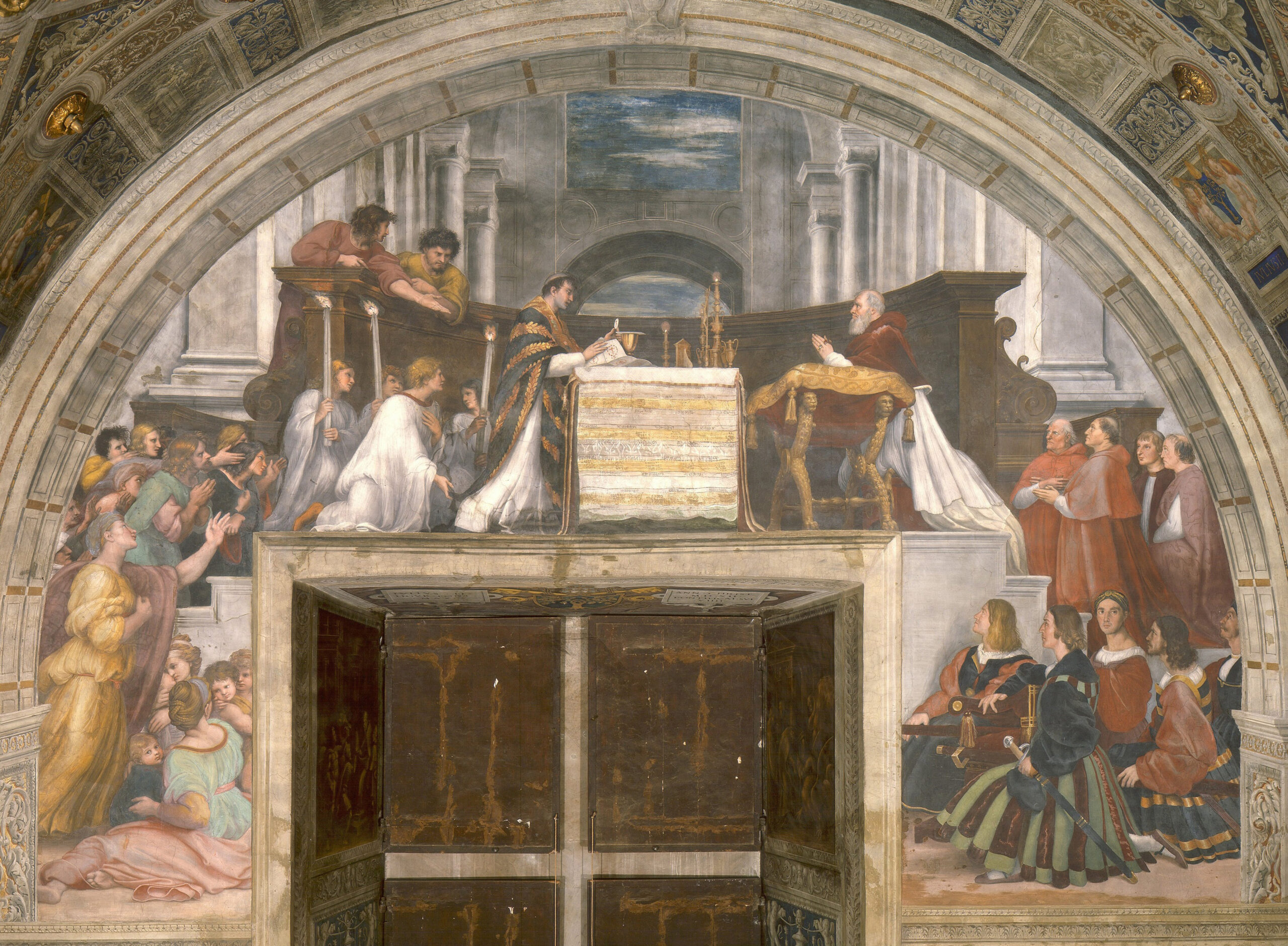 La misa de Bolsena, fresco de Rafael: el sacerdote celebra la Misa ante el altar mientras la hostia sangra sobre el corporal y el papa Julio II contempla de rodillas