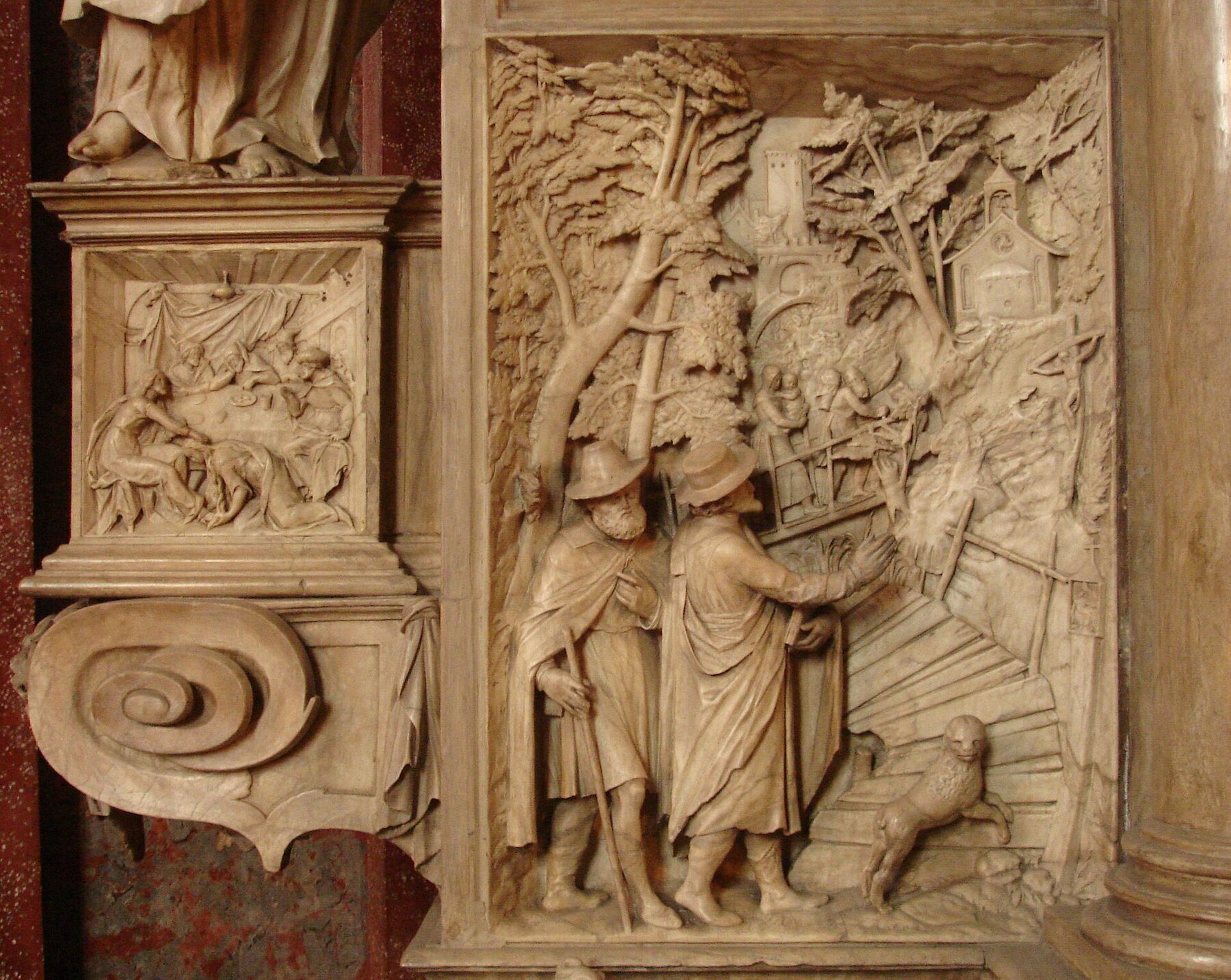 Relieve tallado en el altar de la Sangre de Walldürn, con figuras en un paisaje
